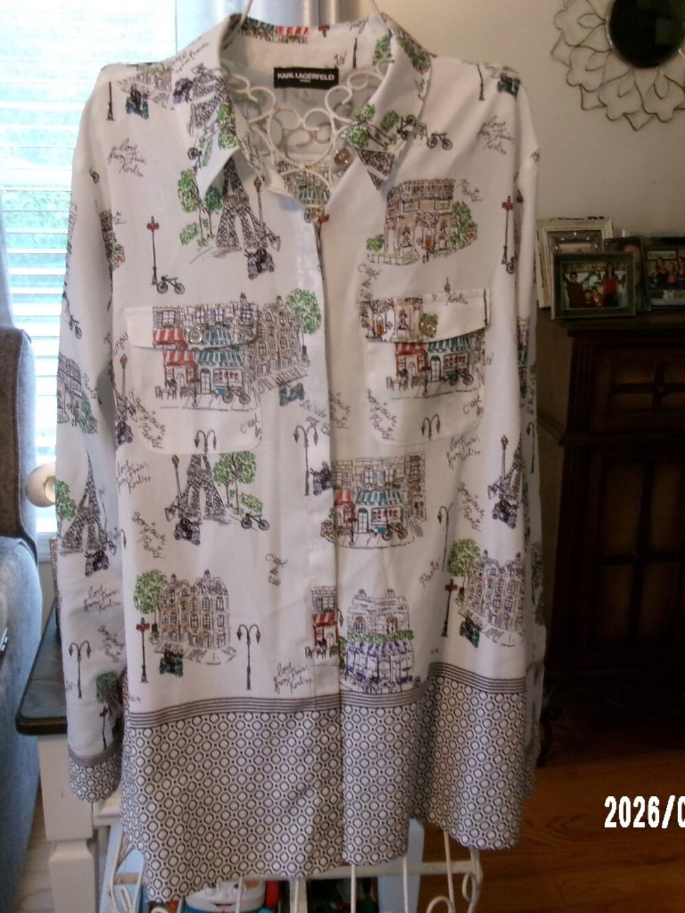 Karl Lagerfeld XL Whimsical Paris Fashion LONG BLOUSE Top Long Sleeve Button Up